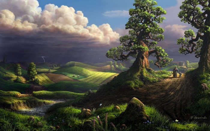 Fantasy landscape with rolling hills and stormy sky