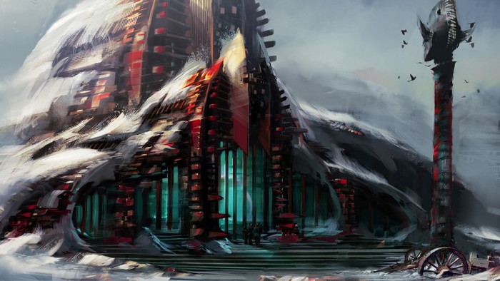Artwork of a snowy, mountainous structure with red accents