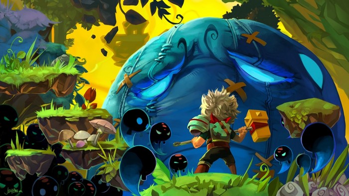 Character from Bastion fighting enemies in a surreal jungle