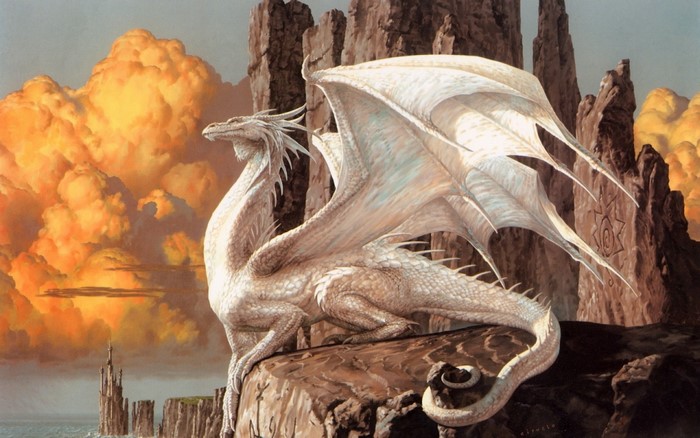 White Dragon on Rocky Outcrop by Ciruelo Cabral