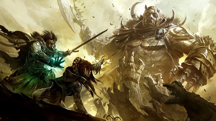 Guild Wars 2 artwork: two warriors battle a giant ogre