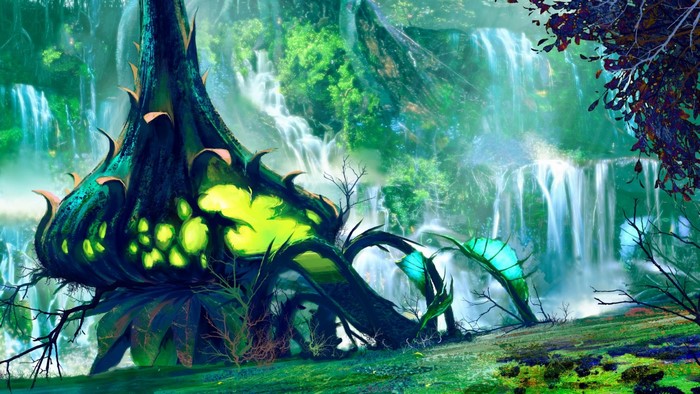 Artwork of a fantasy forest with waterfalls and glowing plants