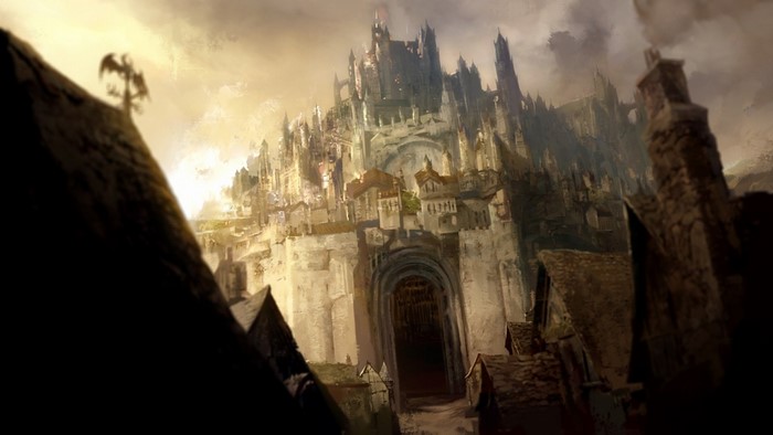 Concept art of a fantasy castle in Guild Wars 2