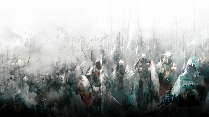 Guild Wars 2 artwork of armored figures in a snowy landscape