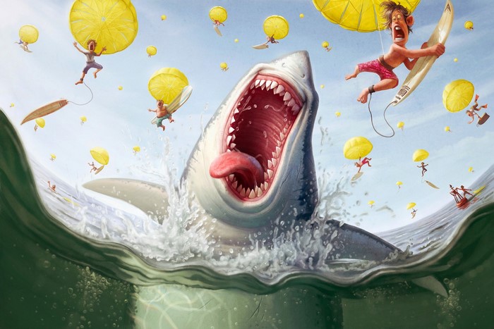 Shark attacking surfers with lemon parachutes