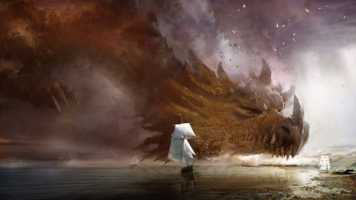 Giant dragon emerging from clouds over a sea with ships