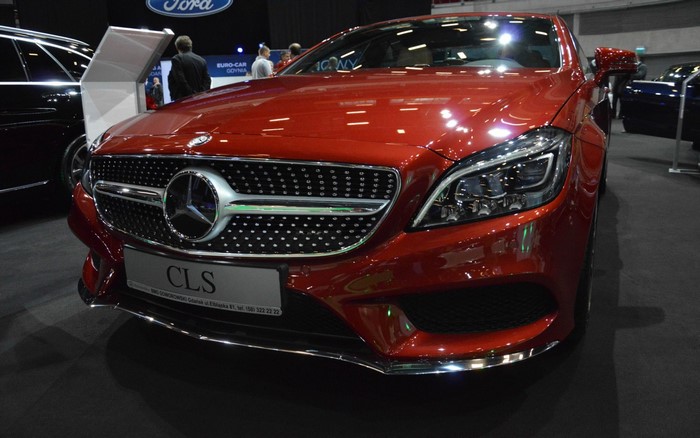 Red Mercedes-Benz CLS Sedan at Auto Show