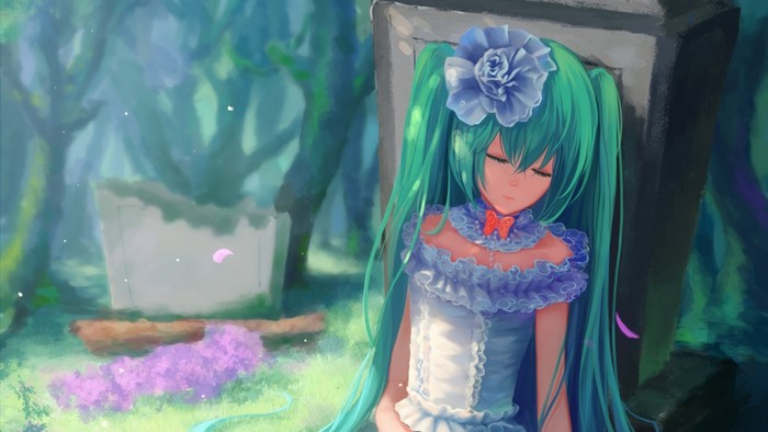Hatsune Miku sleeping by a tombstone