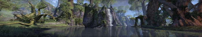 The Elder Scrolls Online swamp with waterfall and ruins