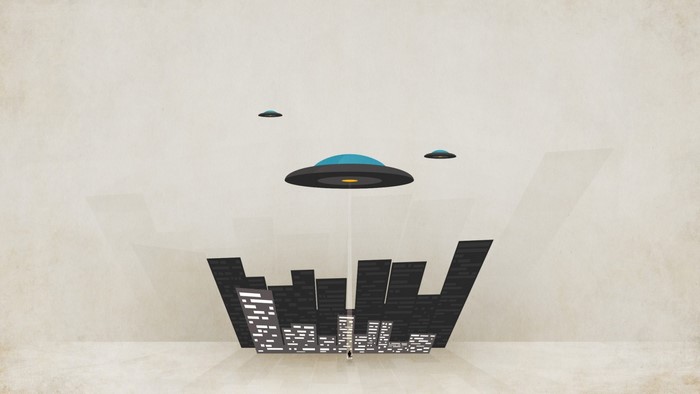 UFOs hovering over a stylized city