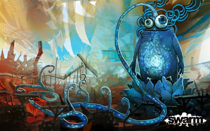Blue creature with tentacles in a surreal landscape