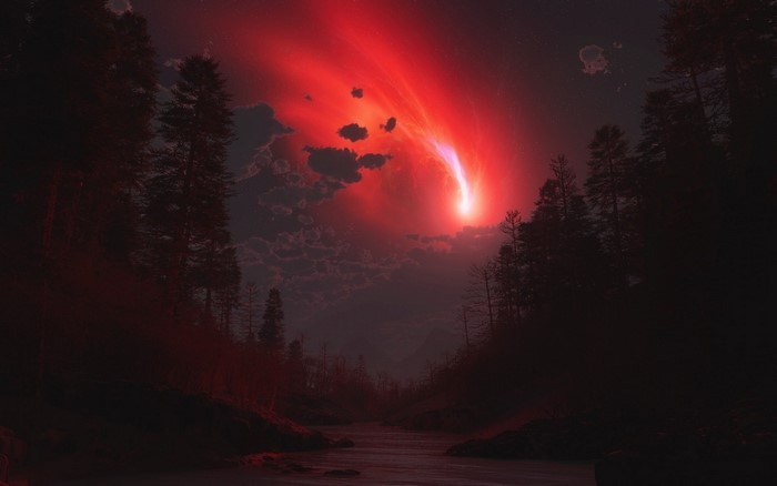 Comet over a dark forest and river
