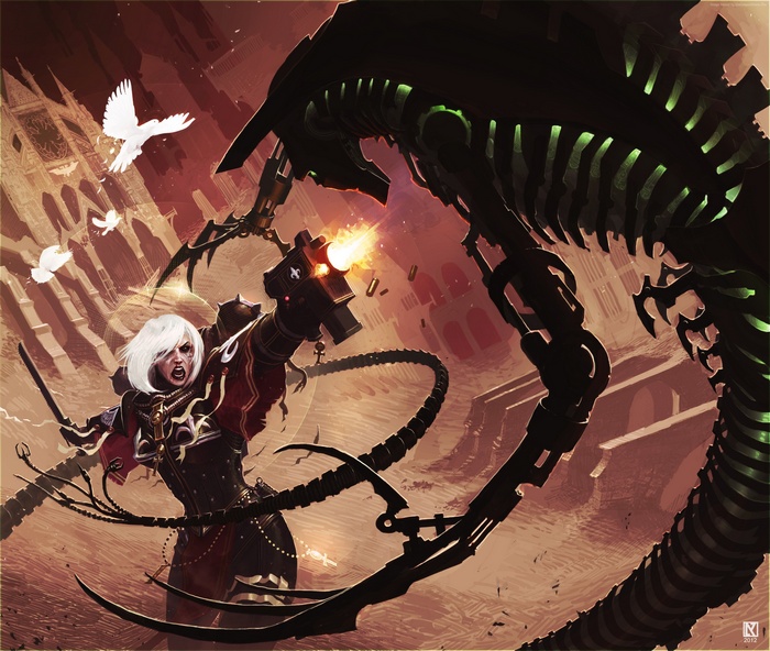Sister of Battle fighting Necron in Warhammer 40,000 Regicide