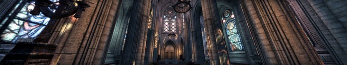 Gothic cathedral interior with stained glass windows