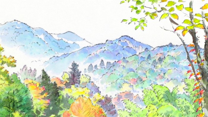 Watercolor painting of mountains and autumn trees