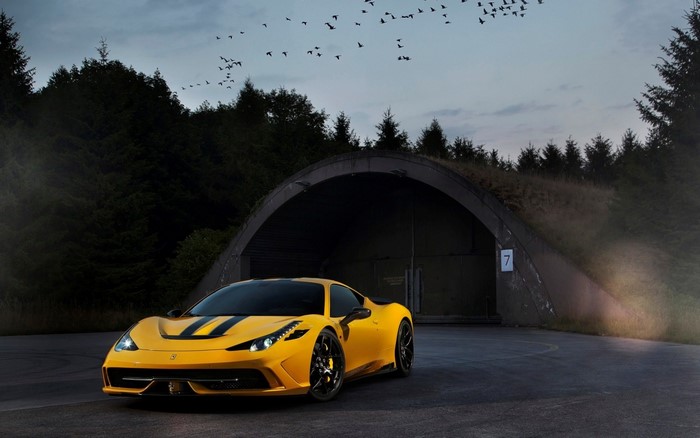 Yellow Ferrari 458 Speciale Sports Car in Front of Tunnel
