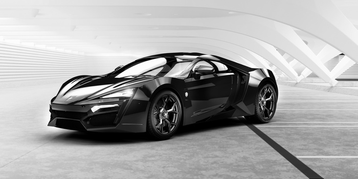 Black Lykan HyperSport sports car in a modern garage
