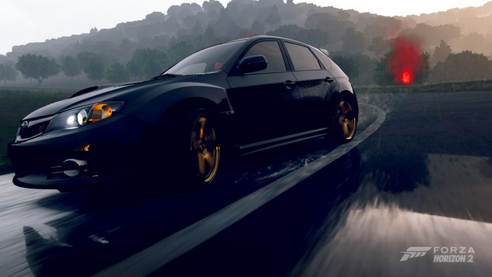 Black Subaru Impreza WRX STI driving on a wet road in Forza Horizon 2