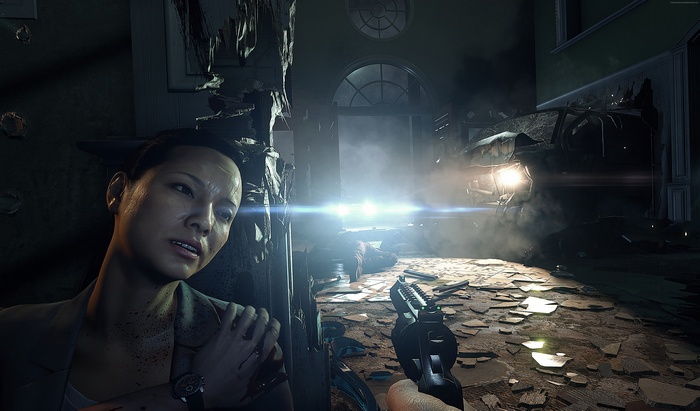 Woman with gun in destroyed room