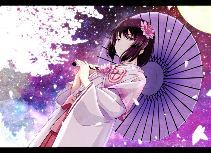 Anime girl in kimono with umbrella under starry sky