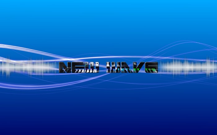 New Wave typography with sound wave and blue background