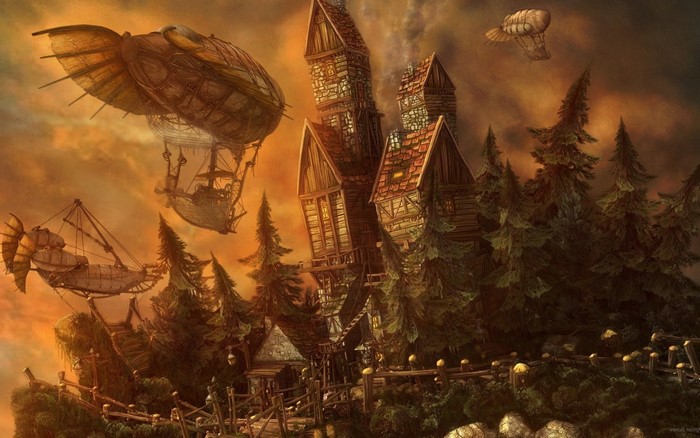 Fantasy airships flying near a forest castle