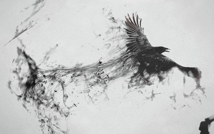 Black raven dissolving into ink on a white background