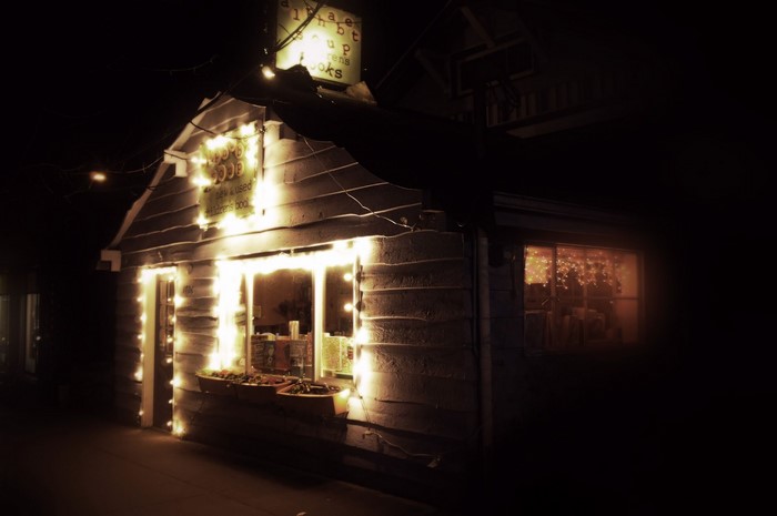 Bookstore at night with string lights