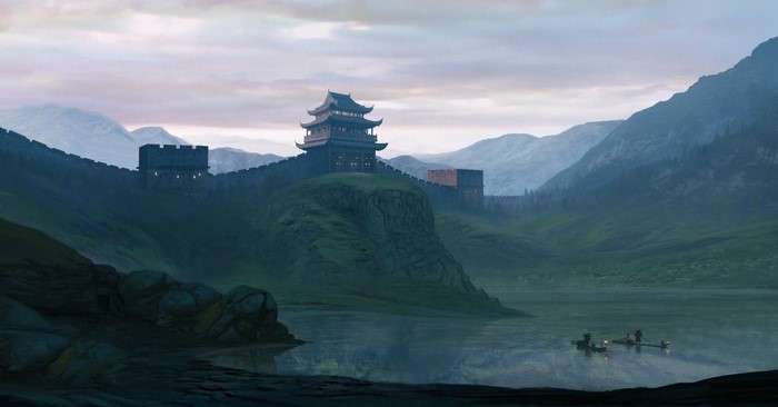 Great Wall of China with Pagoda and Lake