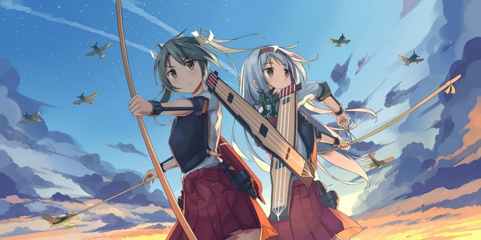 Two anime girls with bows and musical instruments in the sky with planes