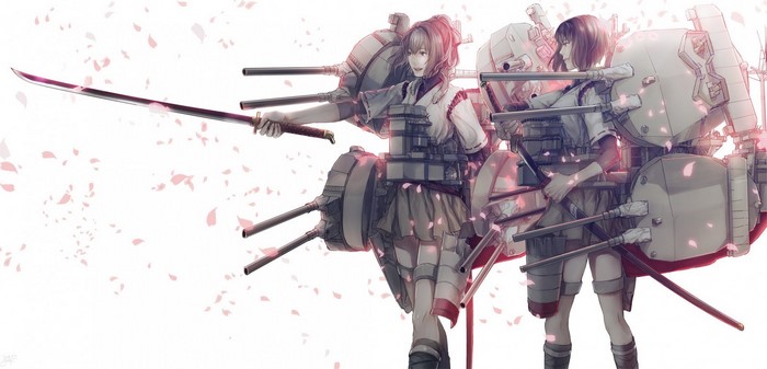 Two girls with ship parts and swords, cherry blossoms
