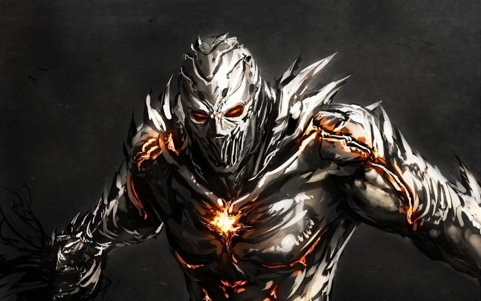 Fictional character with glowing eyes and armor