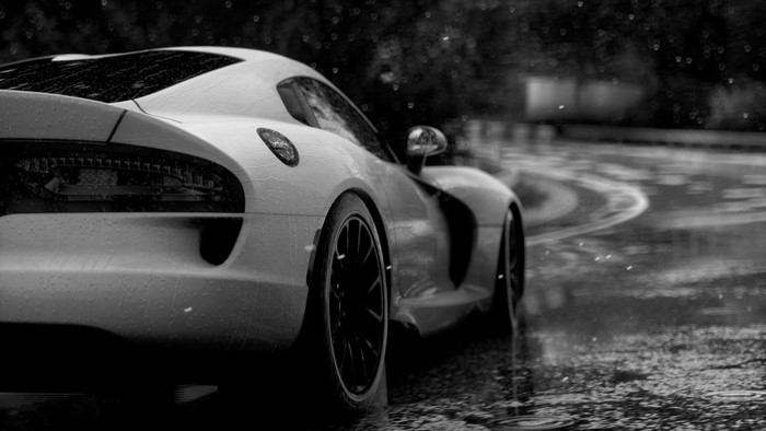 Dodge Viper sports car on a wet road