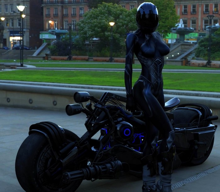 Woman in futuristic suit with a motorcycle