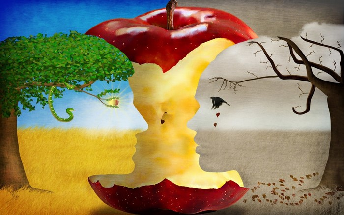Apple core with faces, seasons, and a snake
