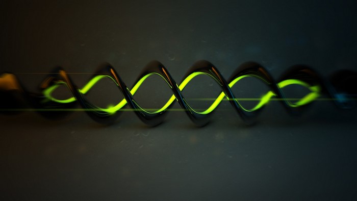 Abstract DNA spiral with green and yellow neon lights