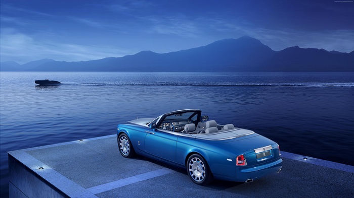 Blue Rolls-Royce Phantom Drophead Coupe by the water