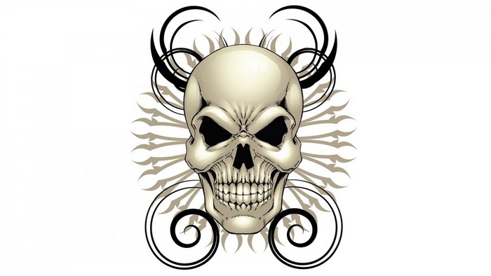 Tribal skull illustration with swirling patterns