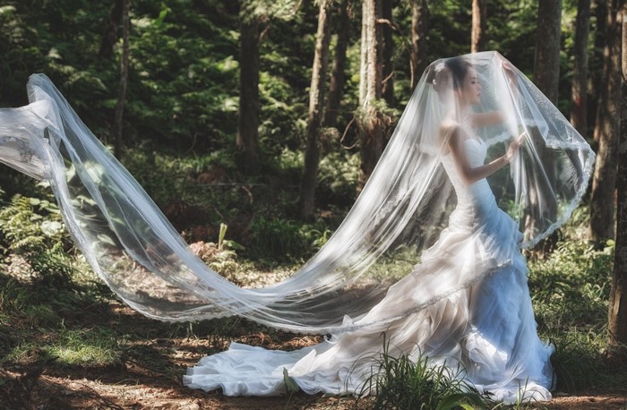Bride in a white dress with a veil in a forest