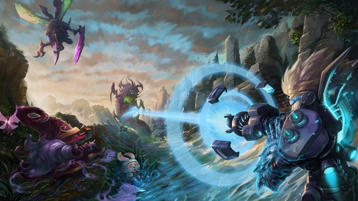Ezreal from League of Legends fighting monsters