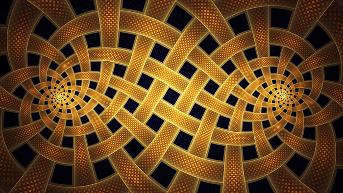 Abstract gold fractal pattern with spirals and squares