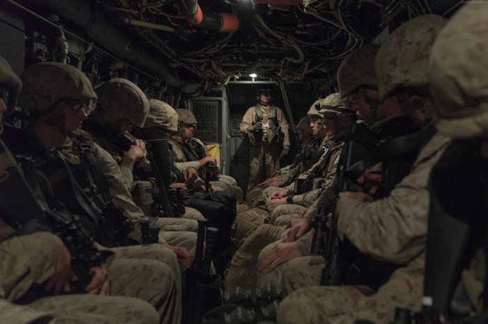 Marines in a military aircraft