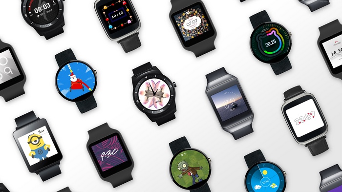 Collection of Android Wear smartwatches with various watch faces
