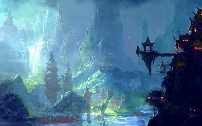 Fantasy landscape with Asian architecture and floating islands
