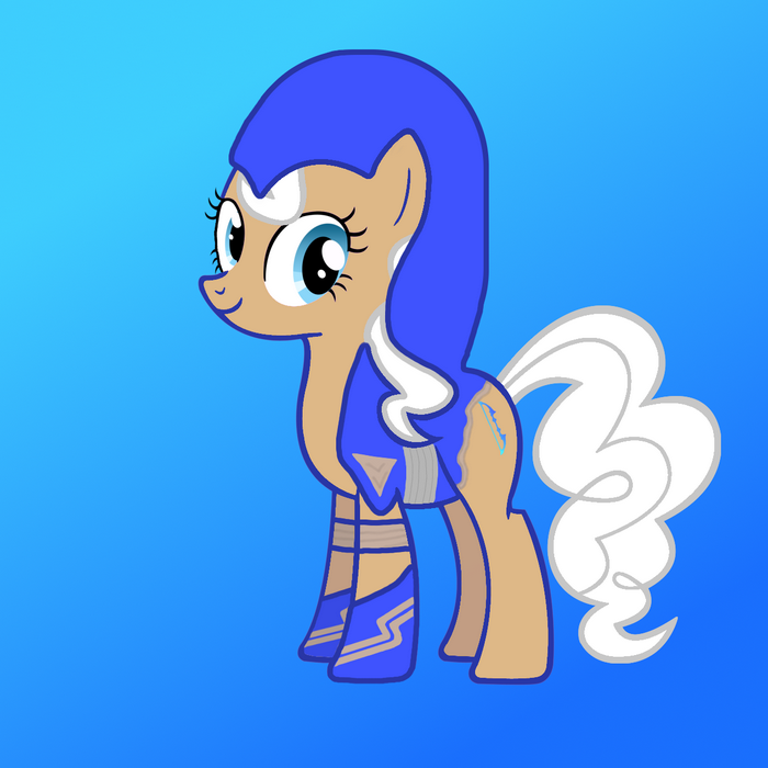Pony character with blue hair and armor