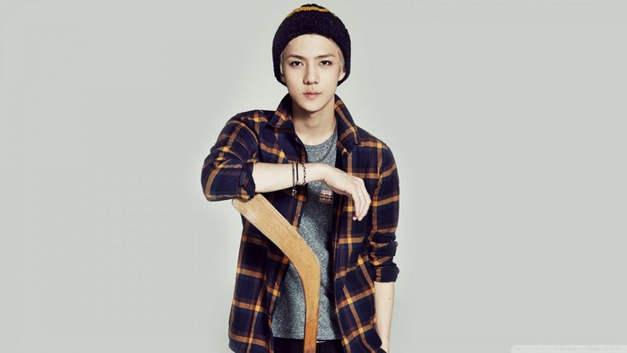 Sehun from Exo wearing a plaid shirt and beanie