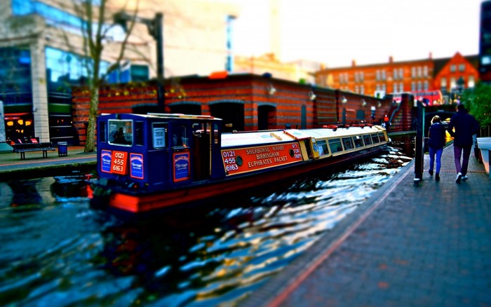 Narrowboat on a canal in Birmingham, UK