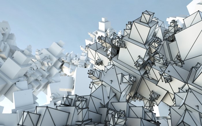 Abstract geometric shapes in a light blue sky