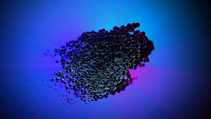 Abstract cluster of spheres with blue and purple light
