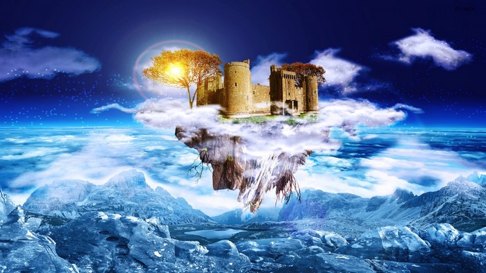 Floating castle on an island with mountains below